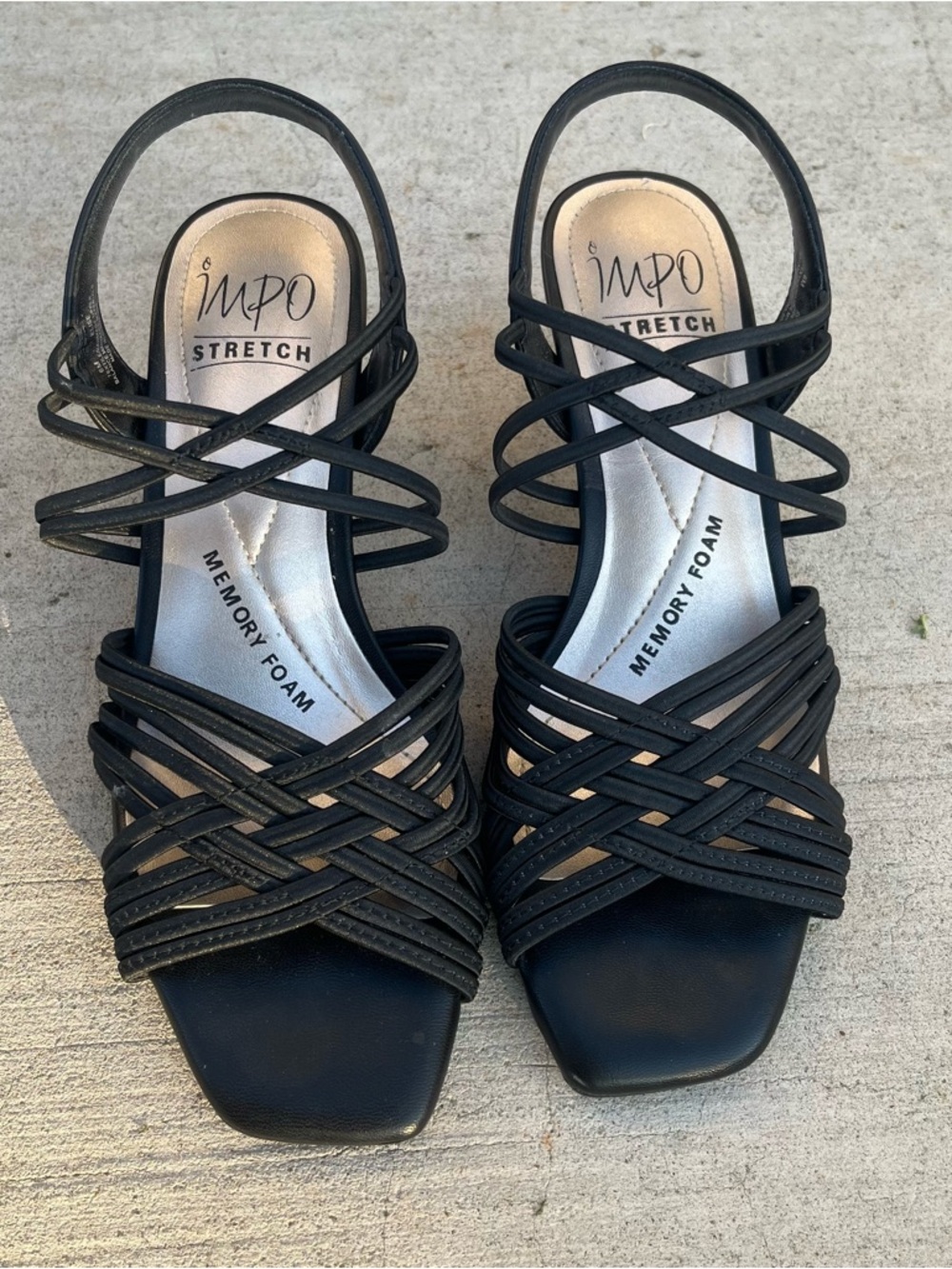 IMPO Stretch Elise Square Toe Strappy Black Kitten Heel Sandals Size 6